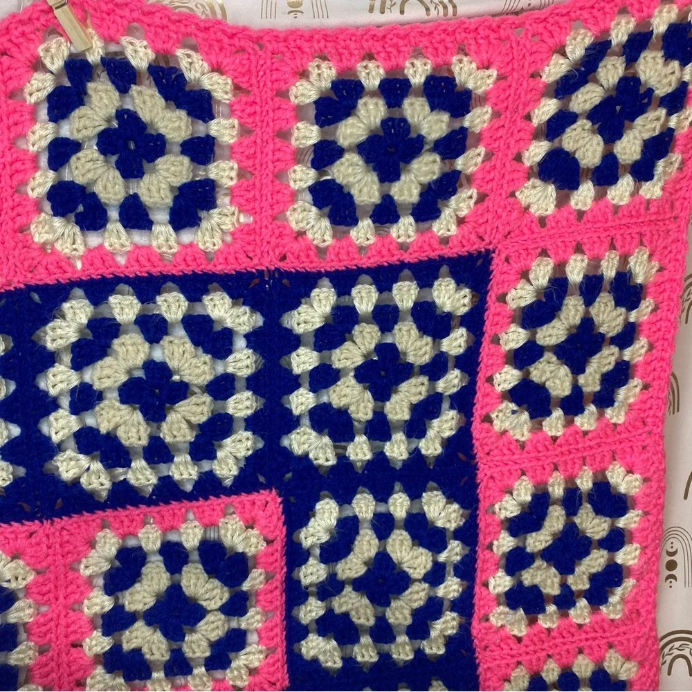 Handmade Pink and Blue Crochet Throw Blanket